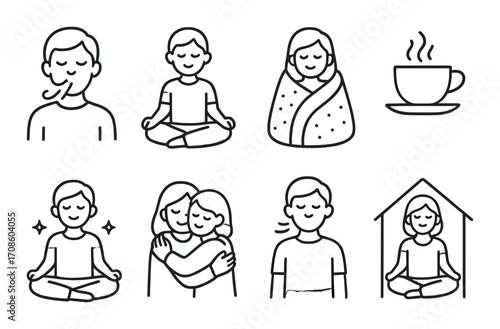 Set of calm stick figures relaxing with meditation, tea, and cozy blanket