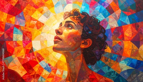 Vibrant mosaic background illuminates a woman looking upwards in painted style