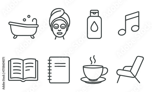 Relaxation and wellness icons: bath, spa, music, reading, notebook, coffee, chair