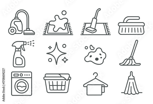Household cleaning icons set featuring vacuum, mop, and laundry