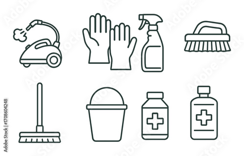 Simple icons of cleaning supplies and tools on gradient background