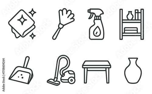 Household cleaning icons: duster, spray bottle, vacuum, dustpan, cloth and more