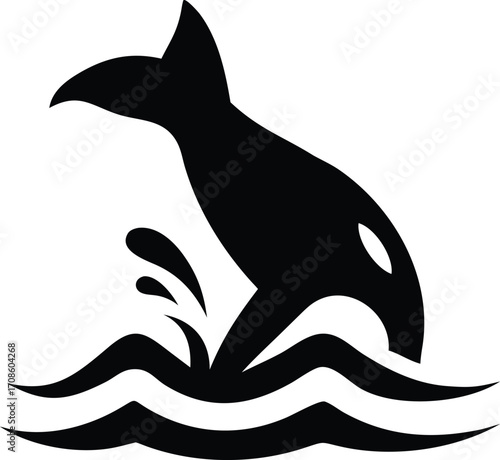 Black silhouette of an orca whale breaching from stylized waves