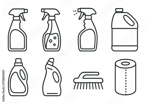 Household cleaning icons: spray bottles, detergent, scrub brush, toilet paper, bleach jug illustration