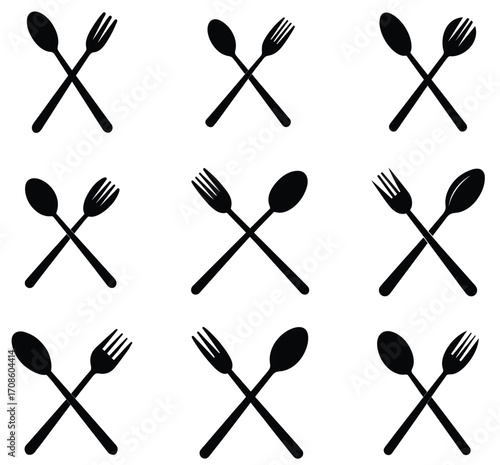 Nine black silhouette icons of crossed spoons and forks arranged in a grid on a white background