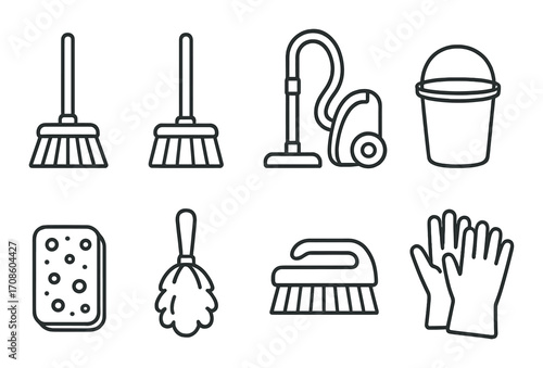 Outline icons of cleaning tools: broom, vacuum, bucket, sponge, duster, brush, gloves