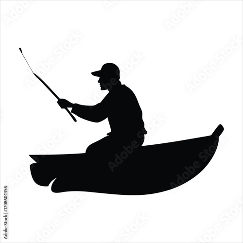 Silhouette of a man fishing from a boat with a fishing rod