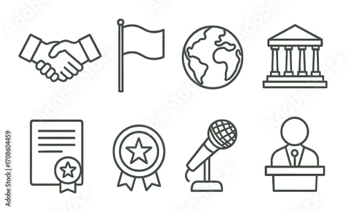Political symbols collection: handshake, flag, globe, government building, certificate, medal, microphone, speaker
