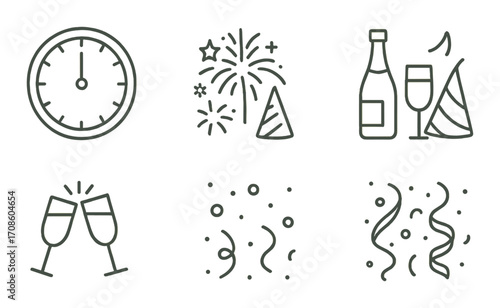 New year celebration icons: clock, fireworks, champagne, toast, confetti, streamers