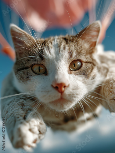 A tabby cat mid-skydive, stretched out with paws forward, wearing a soft suit and a peach parachute. Dynamic action shot meets playful surrealism.