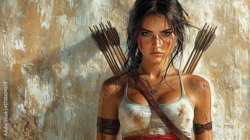 Woman warrior, desert, arrows, determined gaze