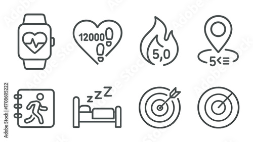Digital fitness icons on metallic background reflecting heart rate, steps, sleep, and exercise