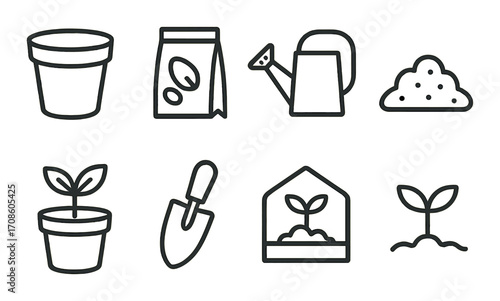 Gardening tools and plant icons on olive green background