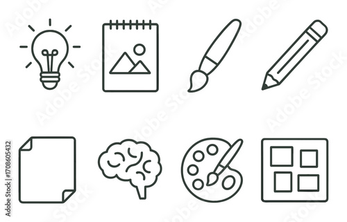 Creative design elements including lightbulb, notebook, art tools, brain and palette icons