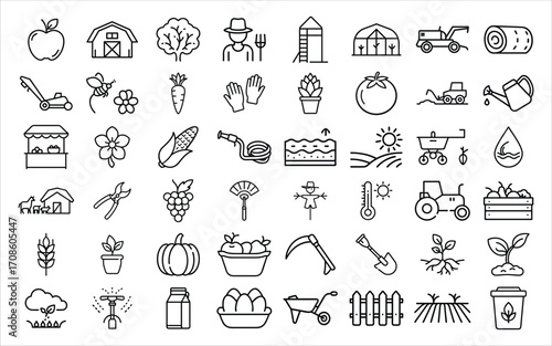 Collection of hand drawn farm and garden icons for agriculture and nature themes