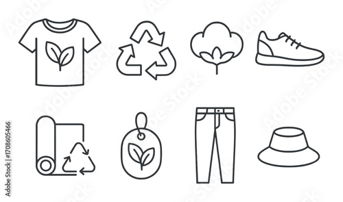 Eco-friendly fashion icons: sustainable clothing, recycle symbol, organic cotton shoe, and accessories
