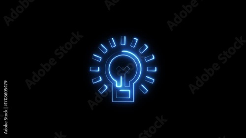 Blue neon light bulb icon on black background Keywords: light bulb, idea, innovation, creativity
