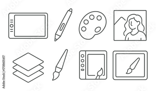 Digital art tools and icons in black and white design