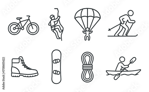 Adventure sports icons: cycling, rock climbing, paragliding, skiing, hiking, snowboarding, kayaking