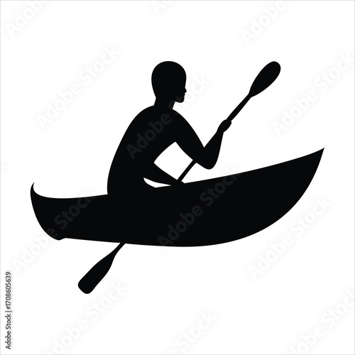 Silhouette of a person kayaking on a white background