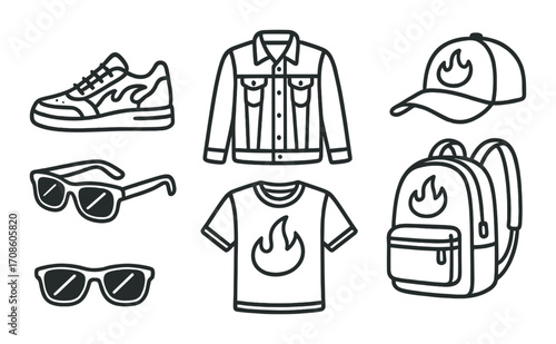 Stylish urban accessories collection: sneakers, jacket, cap, backpack, sunglasses, t-shirt with flame design