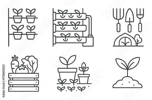 Minimalist gardening icons set with plants and tools in simple line design