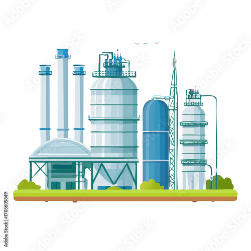 Vector fly, flying oil refinery on a green field, vector industrial plant, high detail vector illustration