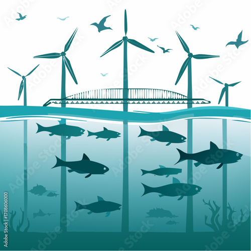 Vector Illustration Wind Turbines, Flying Birds, and Aquatic Life Below a Bridge in the Sea