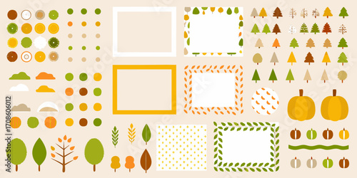 Collection of autumnal elements and decorative frames for graphic design projects