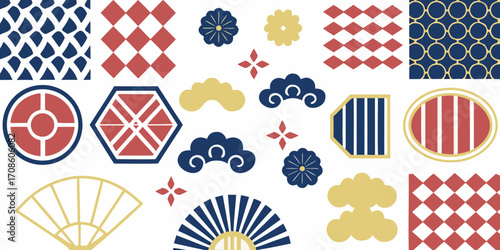 Collection of traditional japanese geometric patterns and motifs in red blue and gold