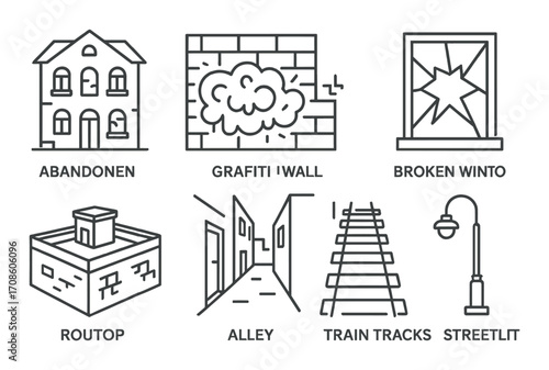 Urban decay art: abandoned buildings, graffiti walls, and train tracks