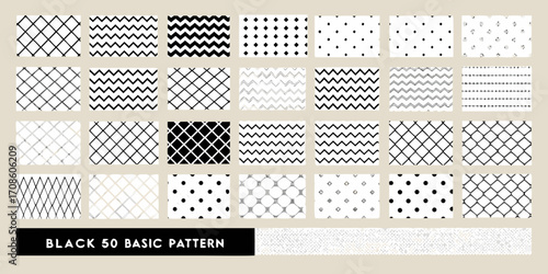 Collection of 50 black and white geometric and abstract seamless patterns for design backgrounds