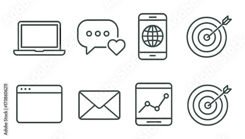 Digital marketing icon set featuring devices and communication symbols on metallic background
