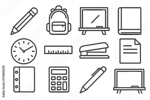 Classroom Icon Set. Line style icons of classroom basics: pencil, backpack, chalkboard, book; clock, ruler, stapler, paper; binder