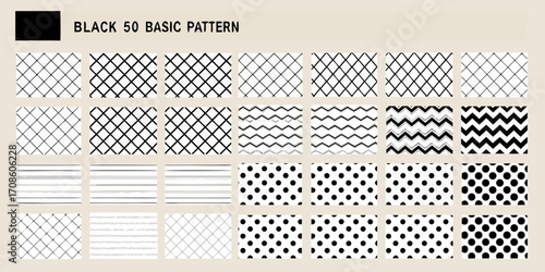 Collection of fifty basic black and white geometric patterns and textures for design