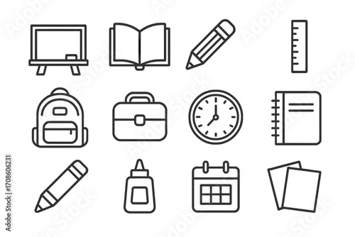 Primary School Icons. Line style icons of primary school tools: chalkboard, book, pencil, ruler; backpack, lunchbox, clock,