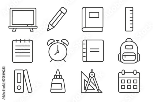 Study Desk Icons. Line style icons of study desk essentials: chalkboard, pencil, book, ruler; paper pad, clock, notebook, backpack