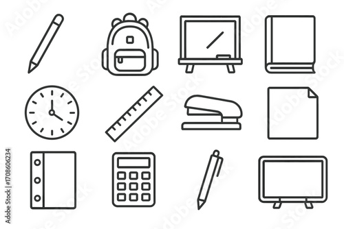 Classroom Icon Set. Line style icons of classroom basics: pencil, backpack, chalkboard, book; clock, ruler, stapler, paper; binder