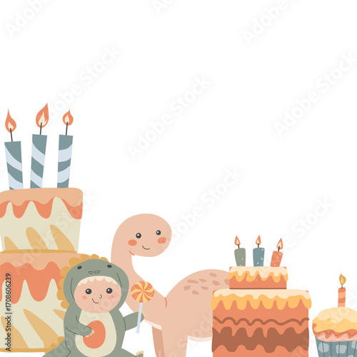 Child in dinosaur costume with birthday cakes and dinosaur figure.