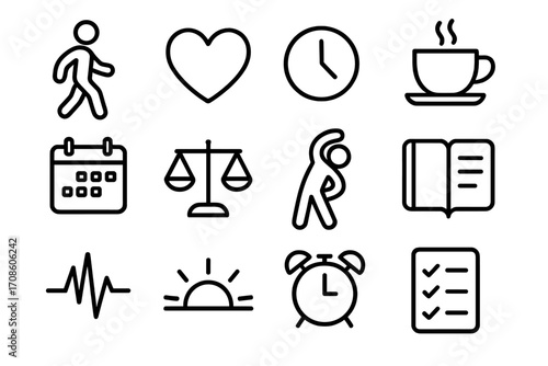 Mindful Life Icons. Line style icons of mindful daily life: walking, heart, clock, coffee; calendar, balance scale, stretching