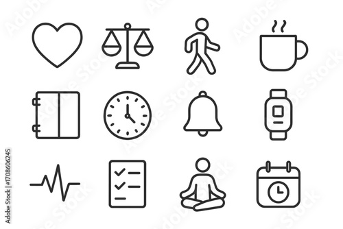 Daily Priority Icons. Line style icons of daily priorities: heart, scales, walking, coffee mug; planner, clock, reminder, steps