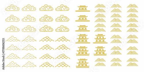 Collection of traditional asian symbols featuring golden clouds mountains and pagoda architecture