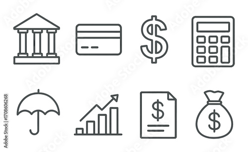 Financial icons set: banking, card, dollar, calculator, umbrella, growth, document, money bag