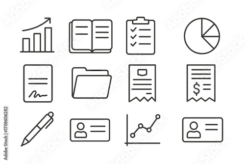Business Tool Icons. Line style icons of business tools interface: bar graph, notebook, checklist, pie chart; signature doc,