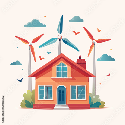 Modern Home and Wind Turbines Vector Illustration of a Sustainable Future, Birds Fly, Flying for Clean Energy