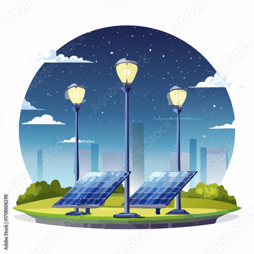 Vector illustration of solar-powered street lights at night, depicting sustainability and flying energy concepts