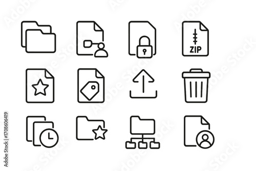 File System Icons. Line style icons of organized file systems: nested folders, shared folder, locked file, zip archive; star file,