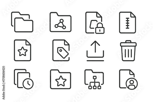 File System Icons. Line style icons of organized file systems: nested folders, shared folder, locked file, zip archive; star file,