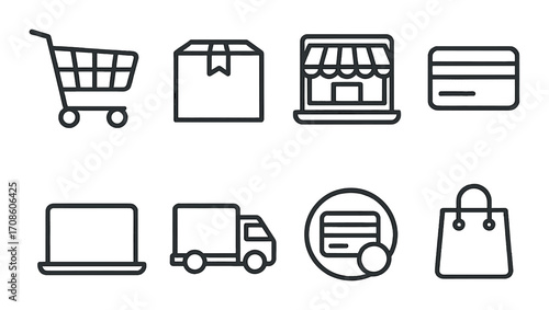 E-commerce and delivery icons: shopping cart, package, storefront, credit card, laptop, truck, payment, bag