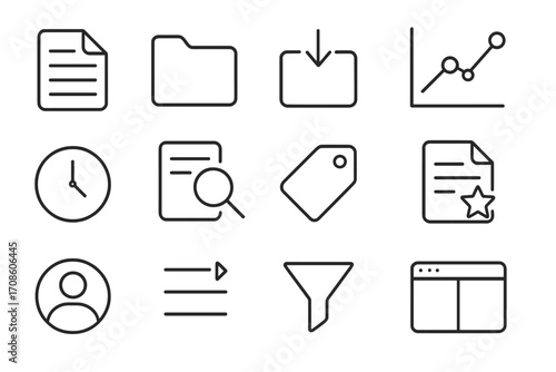 Line Style Icons. Line style icons of file dashboard items: file list, folder icon, download task, data chart; recent activity,